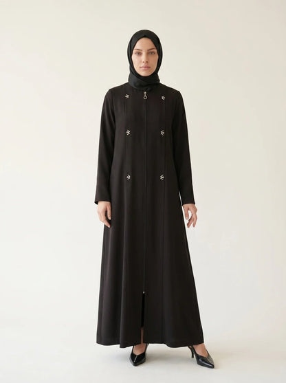 Pleated Detail Double Cuff Zippered Abaya Plus Size with Pockets Crew Neck Four Seasons Black - 9554 - 26 - ihvan