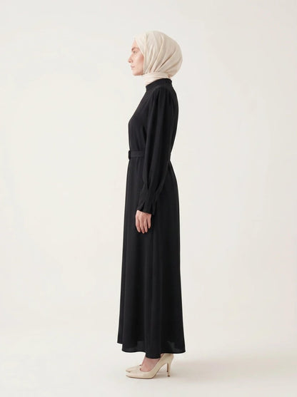 Pleated Detail Sleeve Zippered Cuff Belted Mandarin Collar Flared Oversize 4 Seasons Dress 9614 - 26 - Black - ihvan