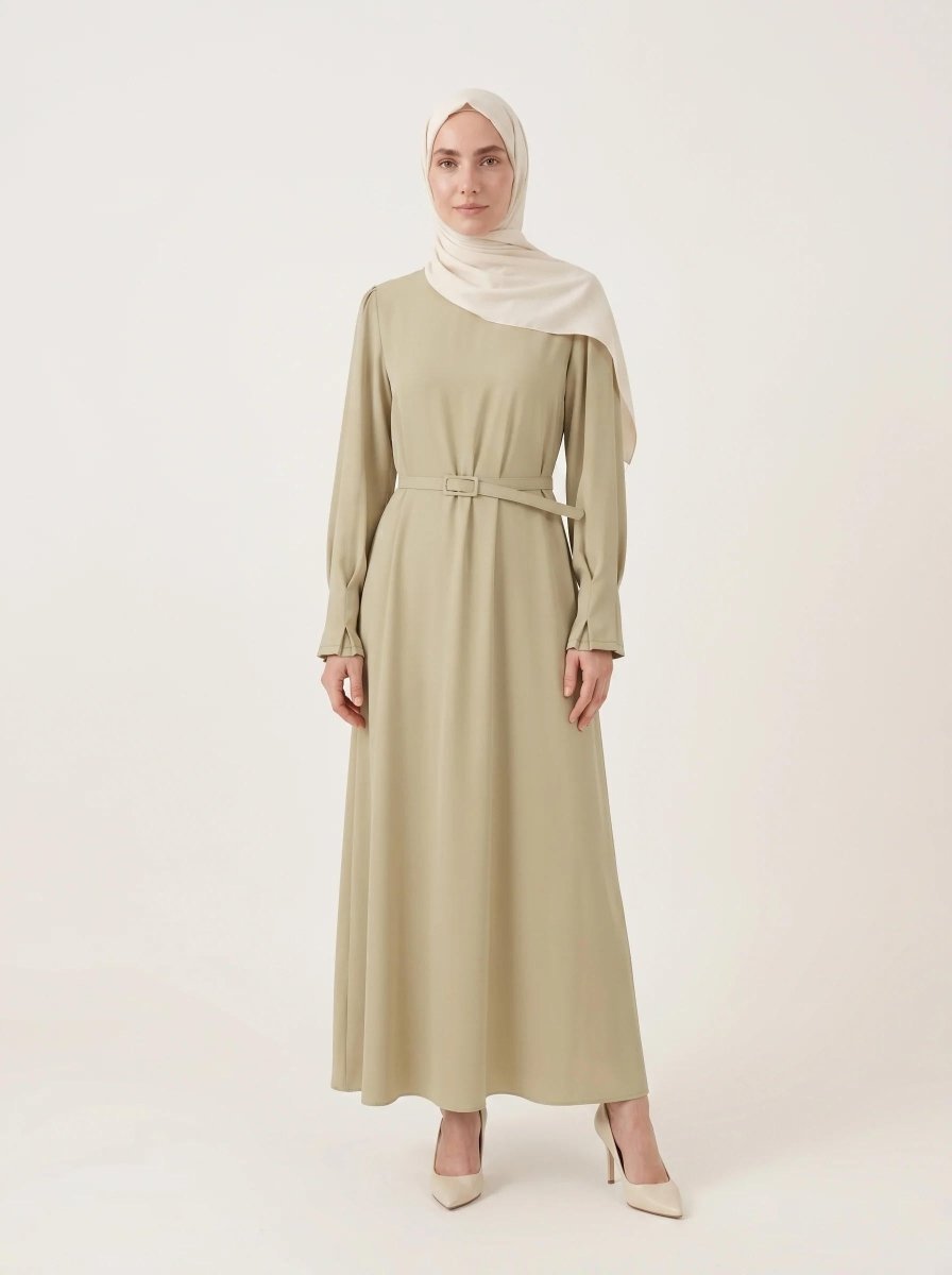Pleated Detail Sleeve Zippered Cuff Belted Mandarin Collar Flared Oversize 4 Seasons Dress 9614 - 26 - Light Green - ihvan