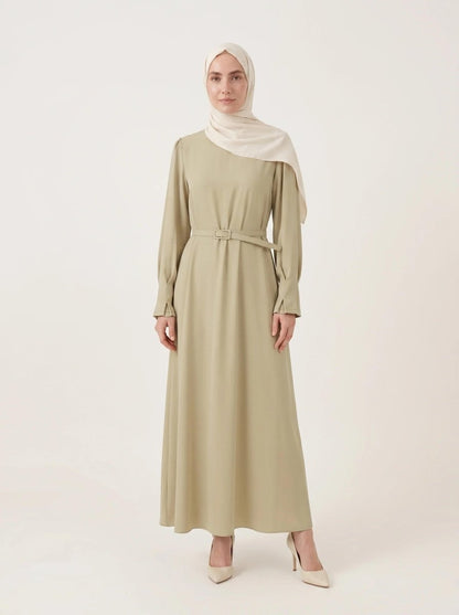 Pleated Detail Sleeve Zippered Cuff Belted Mandarin Collar Flared Oversize 4 Seasons Dress 9614 - 26 - Light Green - ihvan
