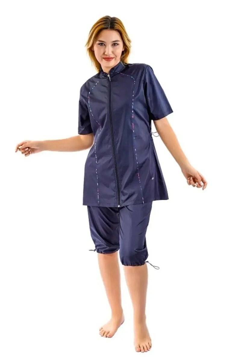 Plus Size Semi - Closed Parachute Fabric Swimsuit 2474 - 25 Dark Navy - ihvan