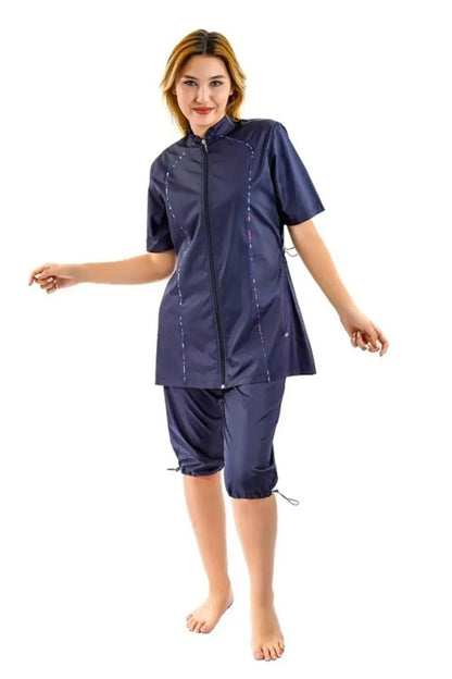 Plus Size Semi - Closed Parachute Fabric Swimsuit 2474 - 25 Dark Navy - ihvan