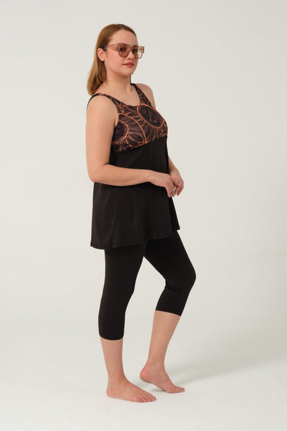 Plus Size Semi - Covered Swimsuit with Strappy Leggings 2528 - 25 Copper - ihvan