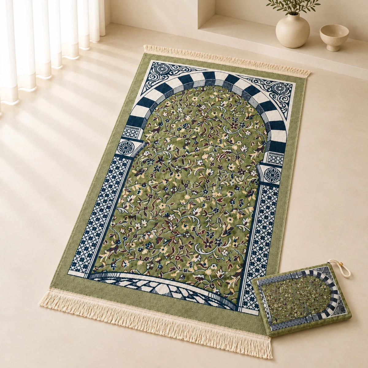 Portable Rawdah Patterned Velvet Prayer Mat with Carry Bag - ihvan
