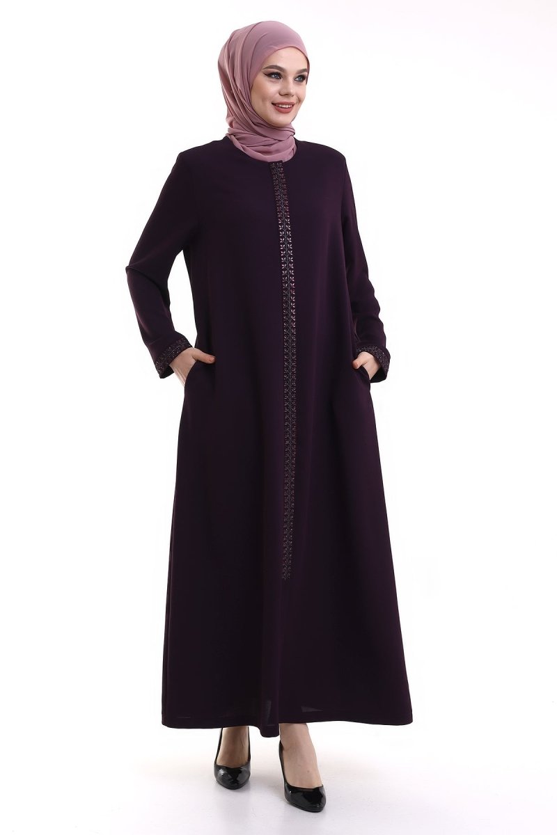 Purple Hijab Abaya with Concealed Zipper and Crystal Stone Details - ihvan