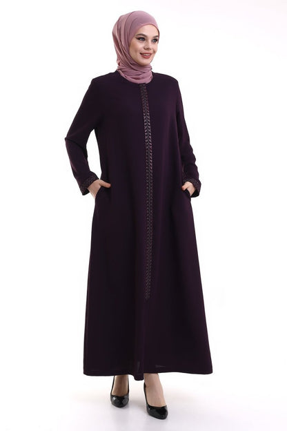 Purple Hijab Abaya with Concealed Zipper and Crystal Stone Details - ihvan
