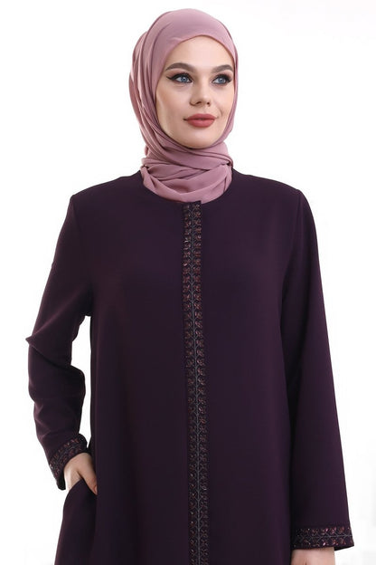 Purple Hijab Abaya with Concealed Zipper and Crystal Stone Details - ihvan