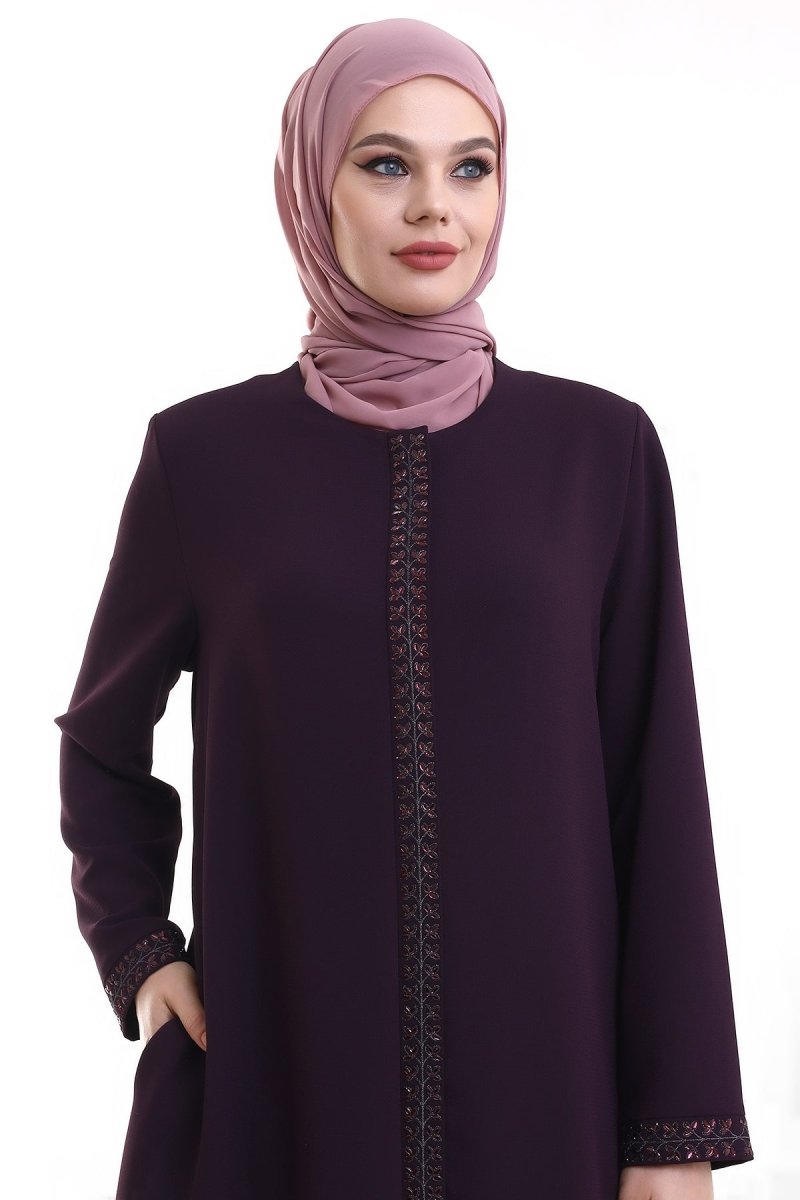 Purple Hijab Abaya with Concealed Zipper and Crystal Stone Details - ihvan