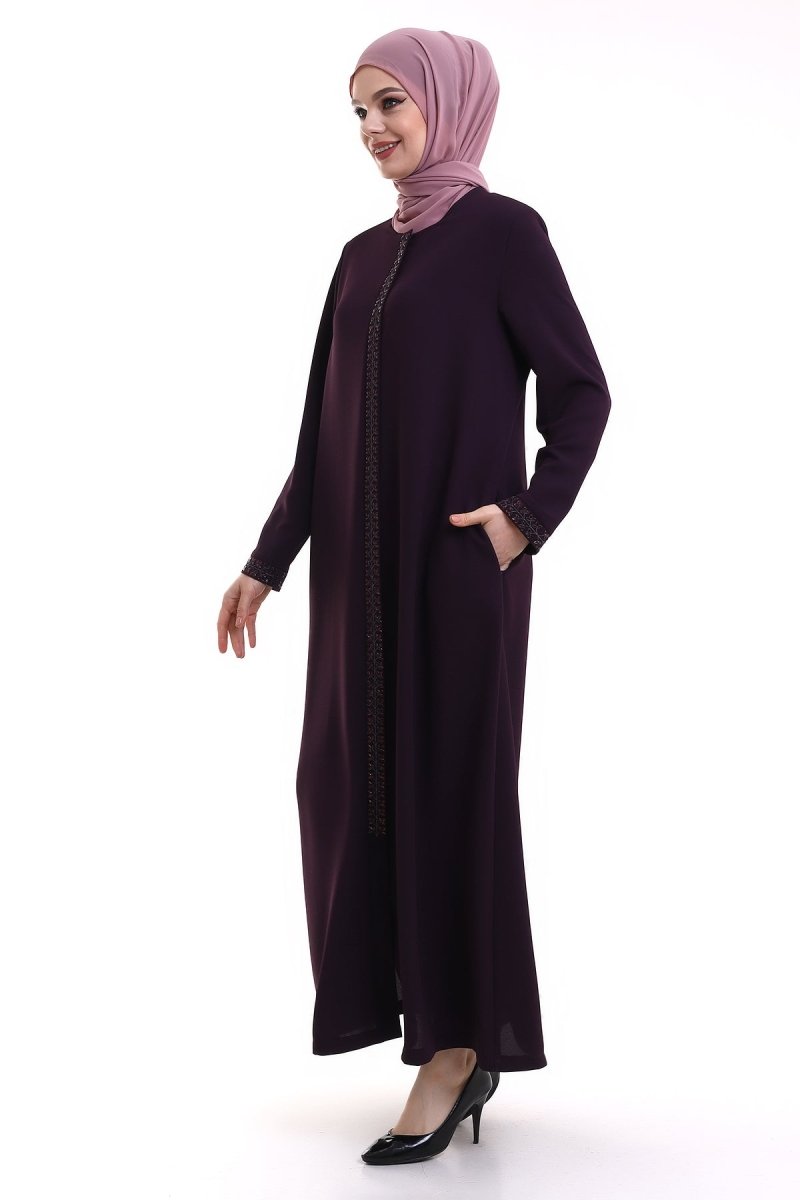 Purple Hijab Abaya with Concealed Zipper and Crystal Stone Details - ihvan