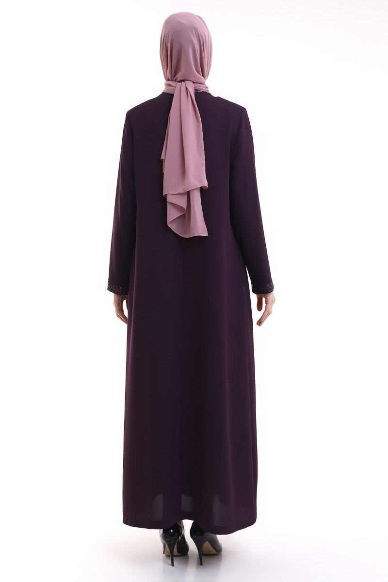 Purple Hijab Abaya with Concealed Zipper and Crystal Stone Details - ihvan