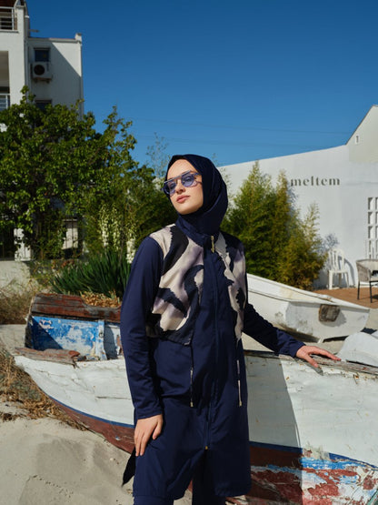 Rivella Crop Style Plus Size Modest Swimsuit 26405 - 26 Navy Blue - ihvan