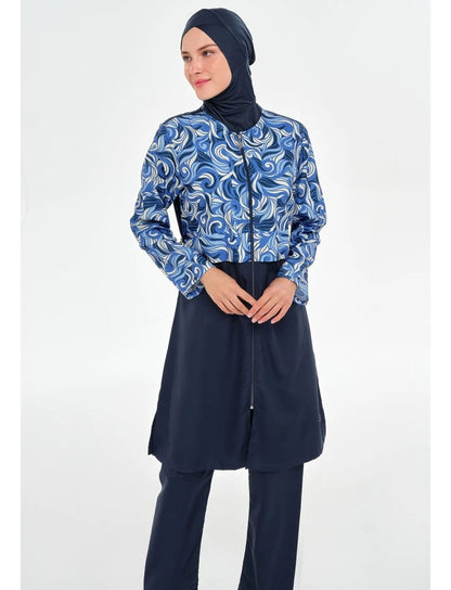 Rozamay Patterned Full Coverage Hijab Swimsuit - Navy Blue - 3502 - 25 - ihvan