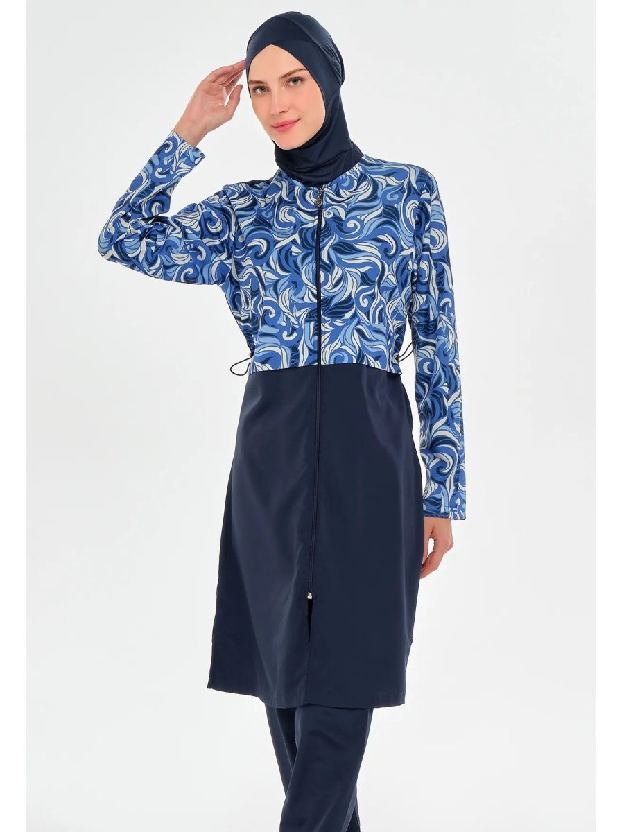 Rozamay Patterned Full Coverage Hijab Swimsuit - Navy Blue - 3502 - 25 - ihvan