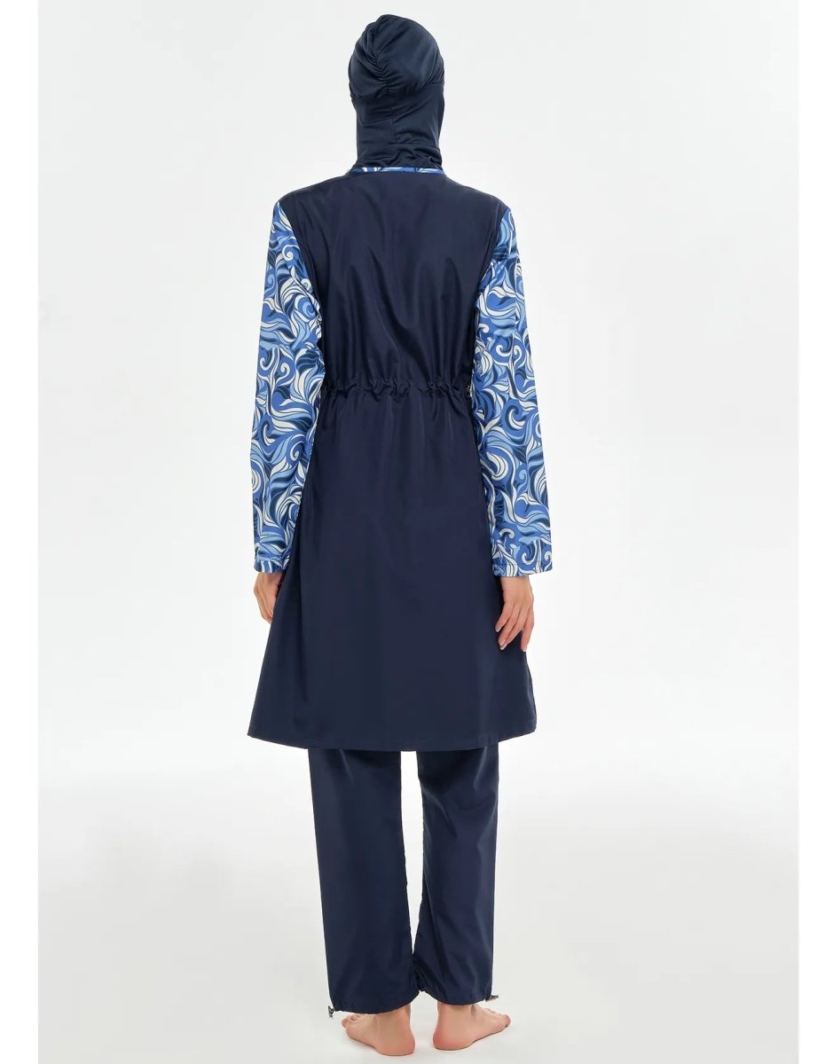 Rozamay Patterned Full Coverage Hijab Swimsuit - Navy Blue - 3502 - 25 - ihvan