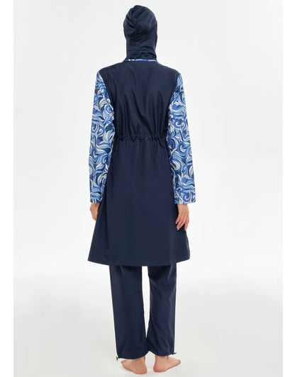 Rozamay Patterned Full Coverage Hijab Swimsuit - Navy Blue - 3502 - 25 - ihvan