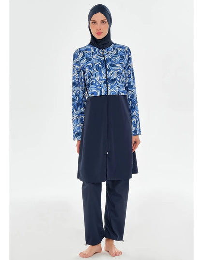 Rozamay Patterned Full Coverage Hijab Swimsuit - Navy Blue - 3502 - 25 - ihvan