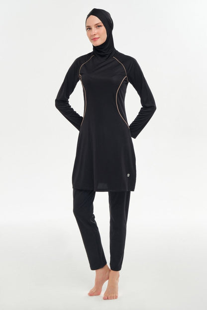 Rozamay Raglan Sleeve Lycra Full Coverage Hijab Swimsuit 3130 - 25 Dark Black - ihvan