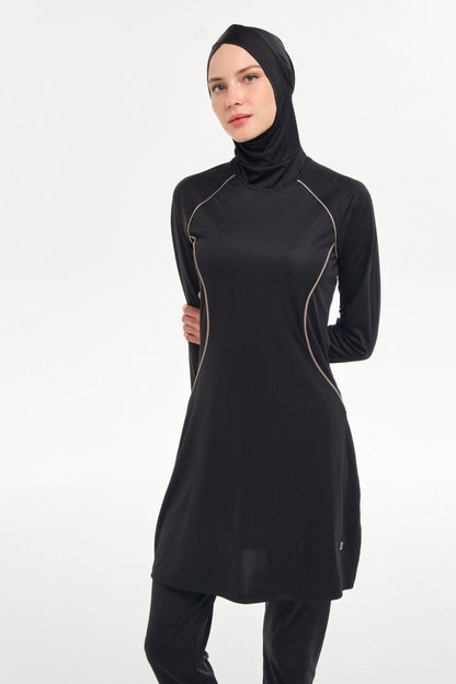 Rozamay Raglan Sleeve Lycra Full Coverage Hijab Swimsuit 3130 - 25 Dark Black - ihvan
