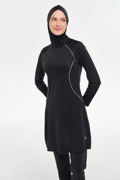 Rozamay Raglan Sleeve Lycra Full Coverage Hijab Swimsuit 3130 - 25 Dark Black - ihvan