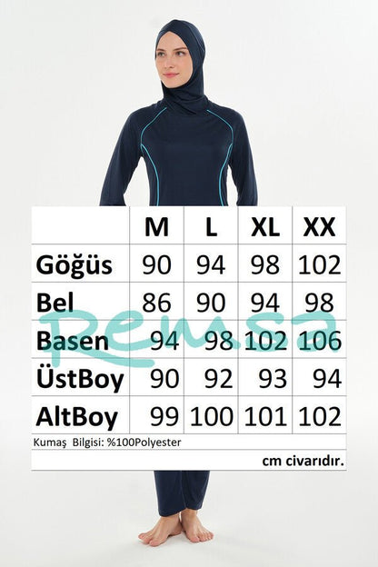 Rozamay Raglan Sleeve Lycra Full-Covered Burkini 3130-25 Dark Navy Blue - ihvan