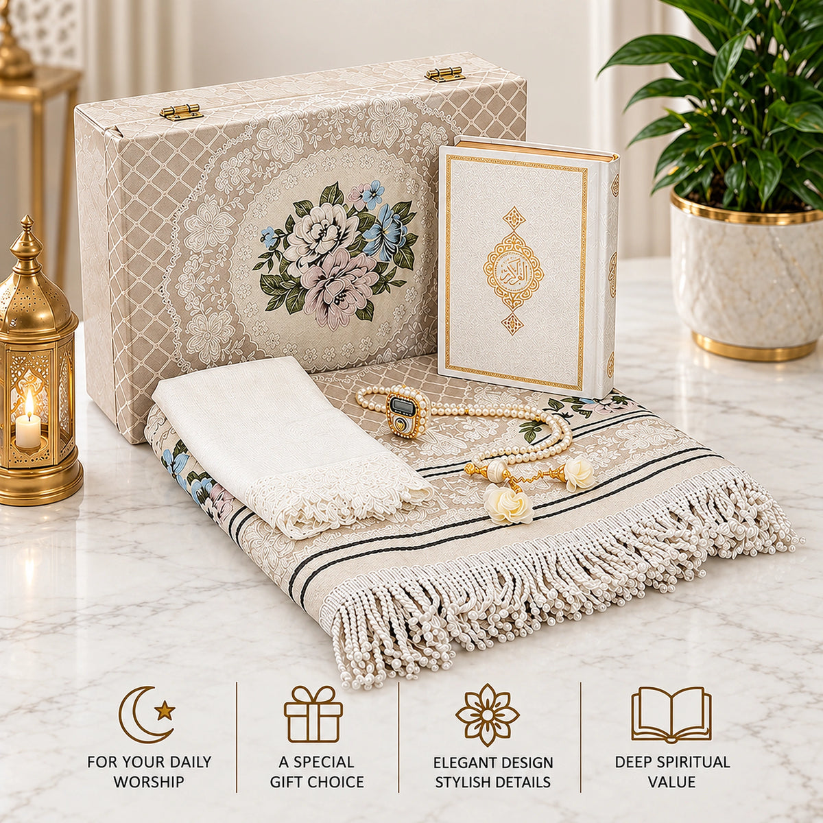 Luxury Islamic Wedding Gift Set with Quran, Prayer Mat, Tasbih, Dhikr Counter & Shawl