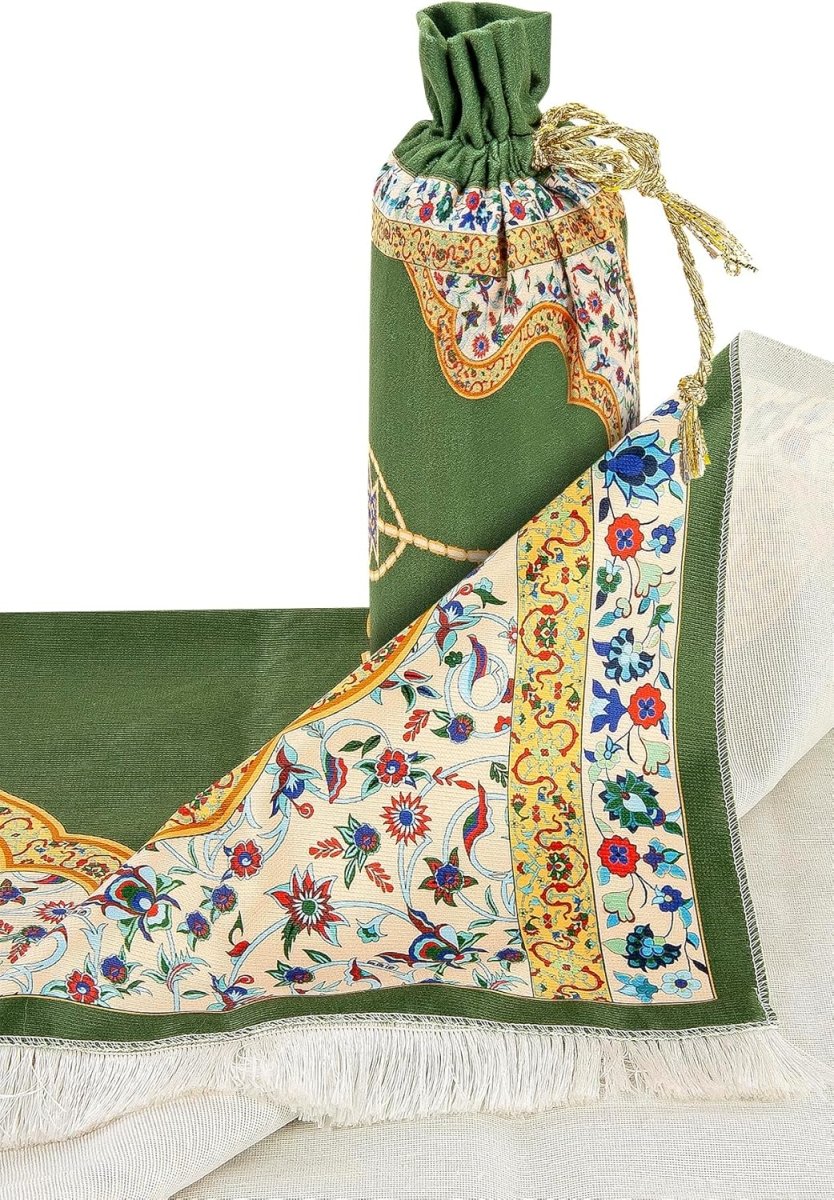 Silky Muslim Prayer Rug – Soft Green Islamic Mat with Travel Bag, Elegant Design - ihvan