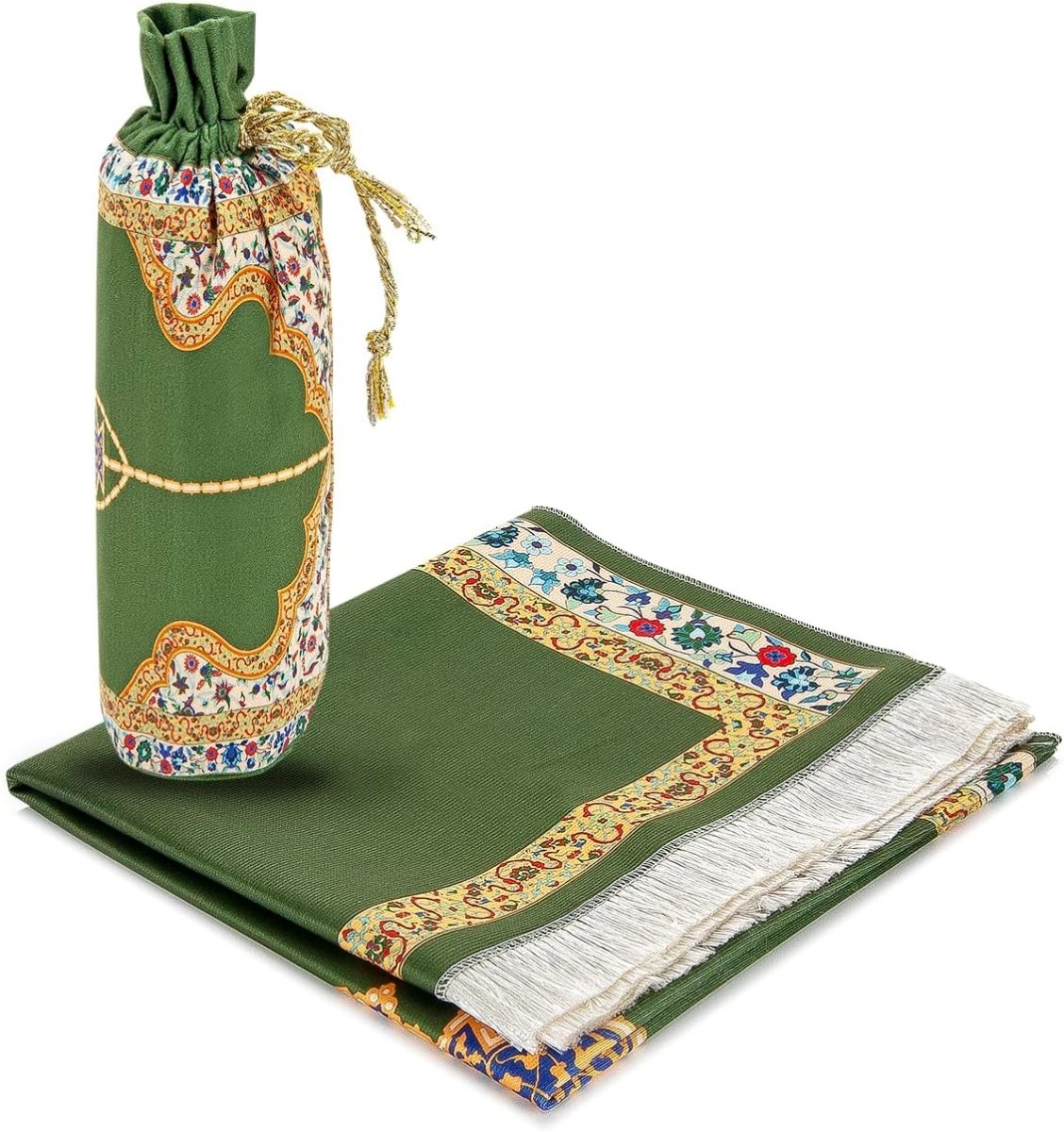 Silky Muslim Prayer Rug – Soft Green Islamic Mat with Travel Bag, Elegant Design - ihvan