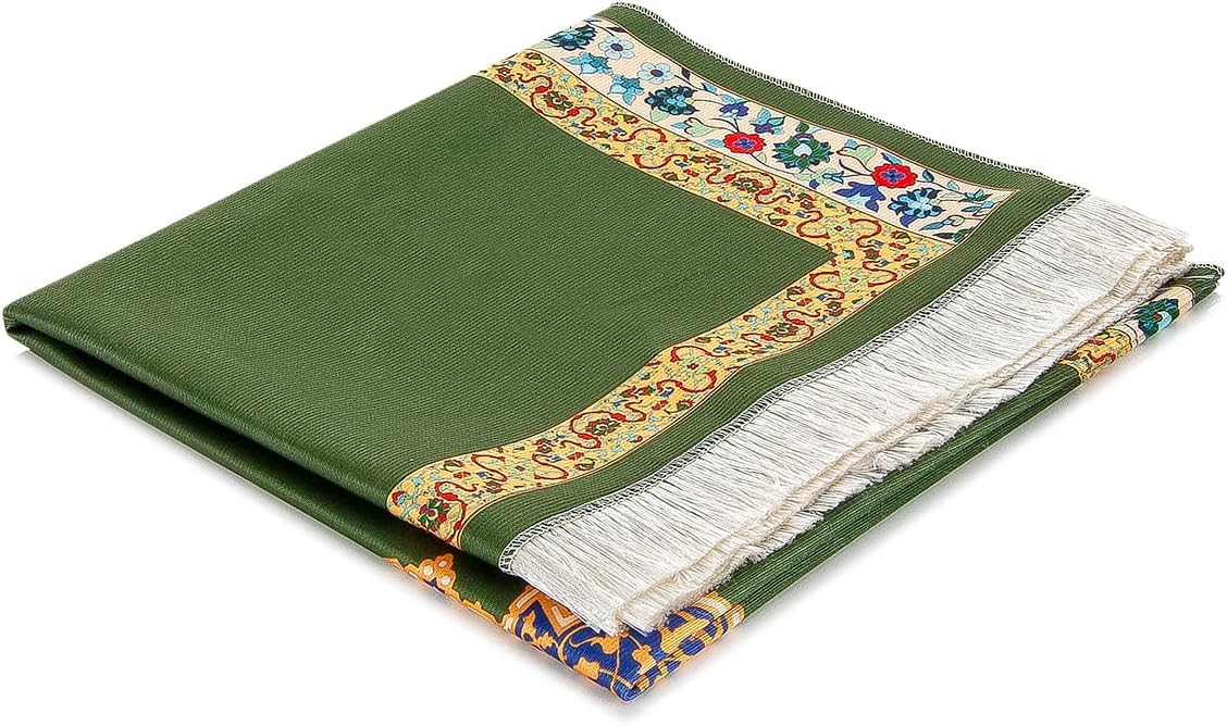 Silky Muslim Prayer Rug – Soft Green Islamic Mat with Travel Bag, Elegant Design - ihvan