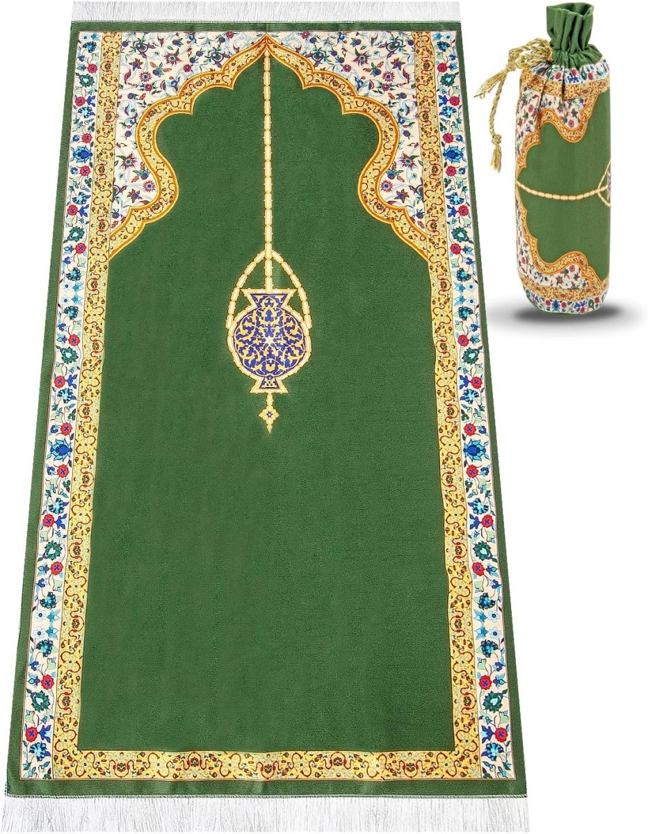 Silky Muslim Prayer Rug – Soft Green Islamic Mat with Travel Bag, Elegant Design - ihvan