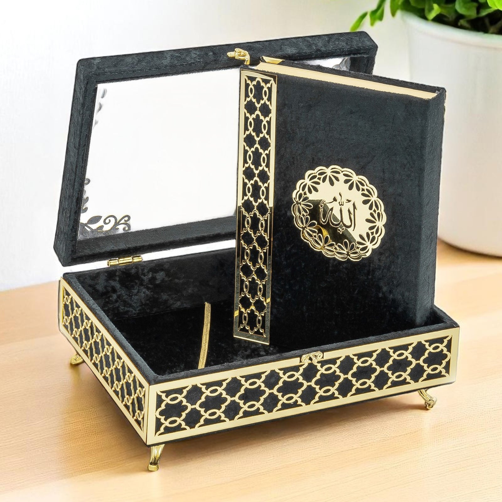 Velvet Covered Holy Quran Gift Set | Gold Embellished Glass-Top Rehal Box | Decorative Islamic Display for Ramadan & Eid