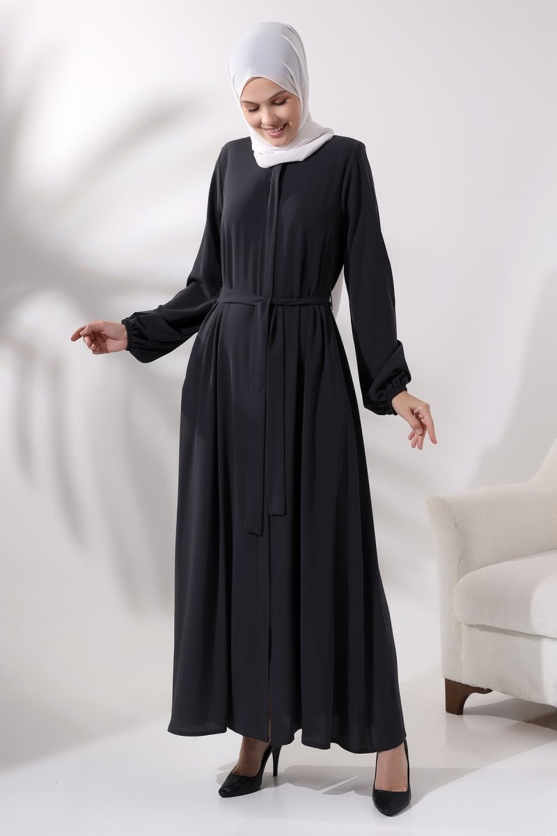 Smoked Medina Silk Abaya with Elasticated Cuffs, Hidden Zipper, and Belted Waist. - ihvan