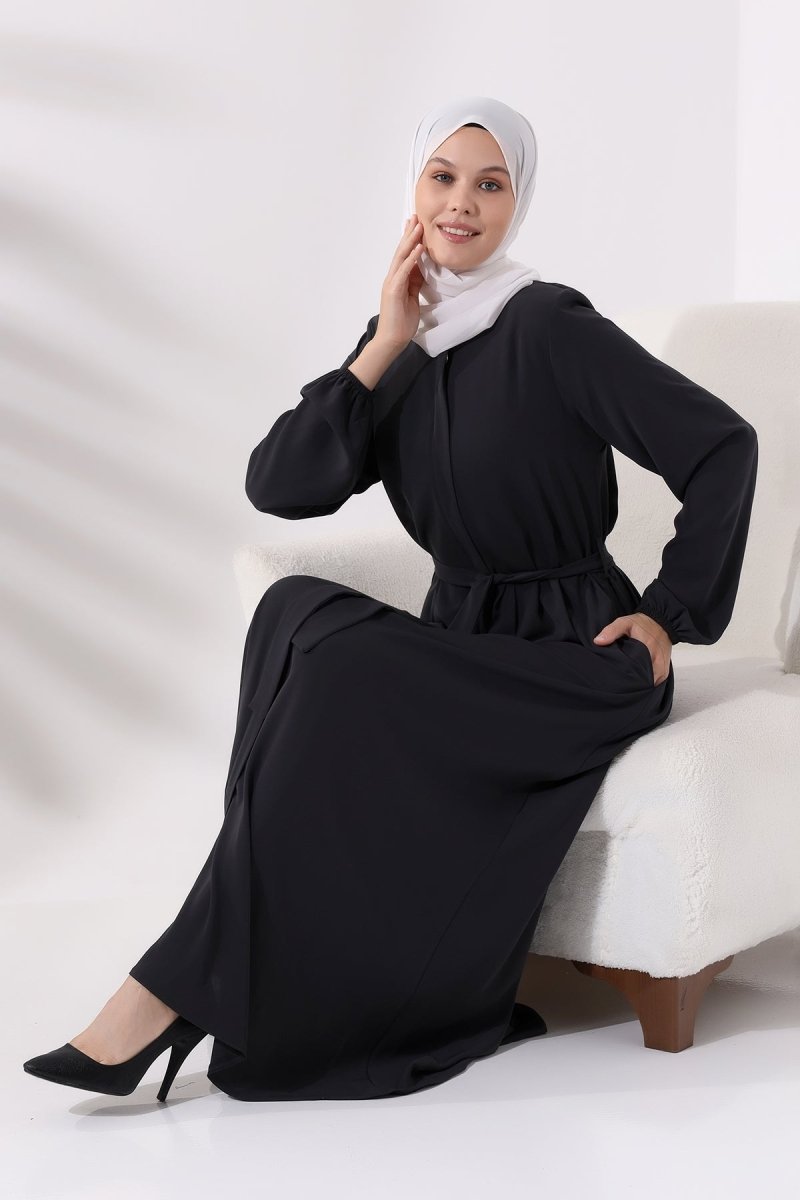 Smoked Medina Silk Abaya with Elasticated Cuffs, Hidden Zipper, and Belted Waist. - ihvan