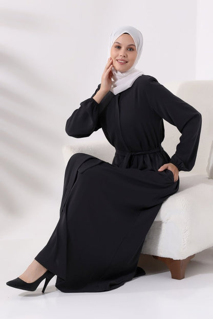 Smoked Medina Silk Abaya with Elasticated Cuffs, Hidden Zipper, and Belted Waist. - ihvan