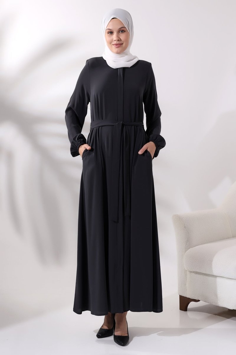 Smoked Medina Silk Abaya with Elasticated Cuffs, Hidden Zipper, and Belted Waist. - ihvan