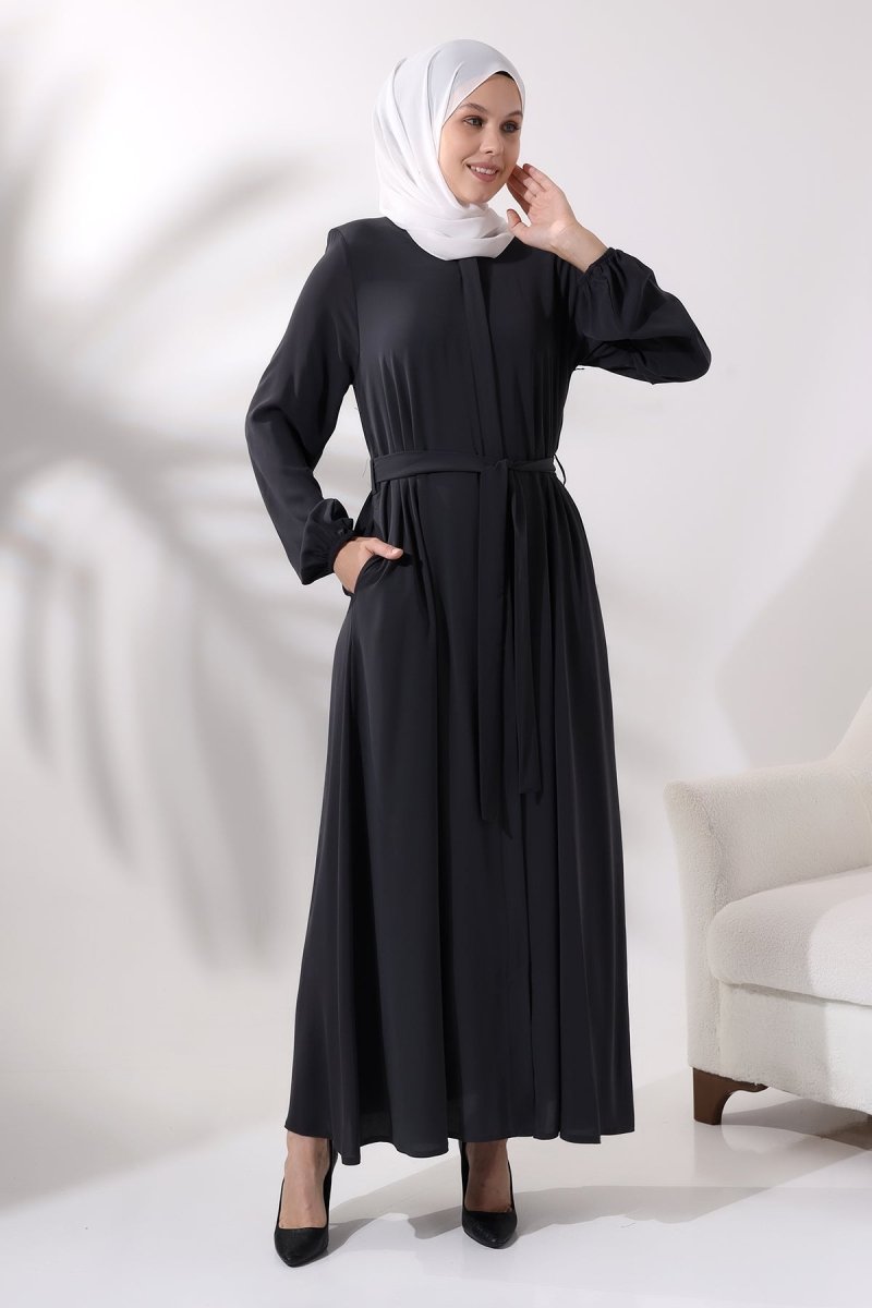 Smoked Medina Silk Abaya with Elasticated Cuffs, Hidden Zipper, and Belted Waist. - ihvan