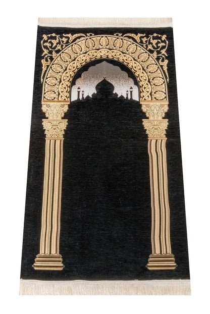 Taj Mahal Pattern Chenille Prayer Rug – Black - ihvan