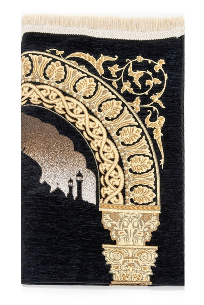 Taj Mahal Pattern Chenille Prayer Rug – Black - ihvan