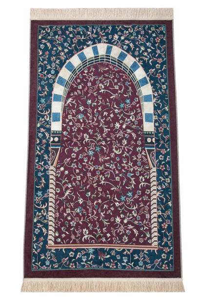 Portable Rawdah Patterned Velvet Prayer Mat with Carry Bag