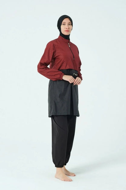 Tesmay Women's Jumper Dress Detailed Full-Covered Burkini 22104-25 Burgundy - ihvan