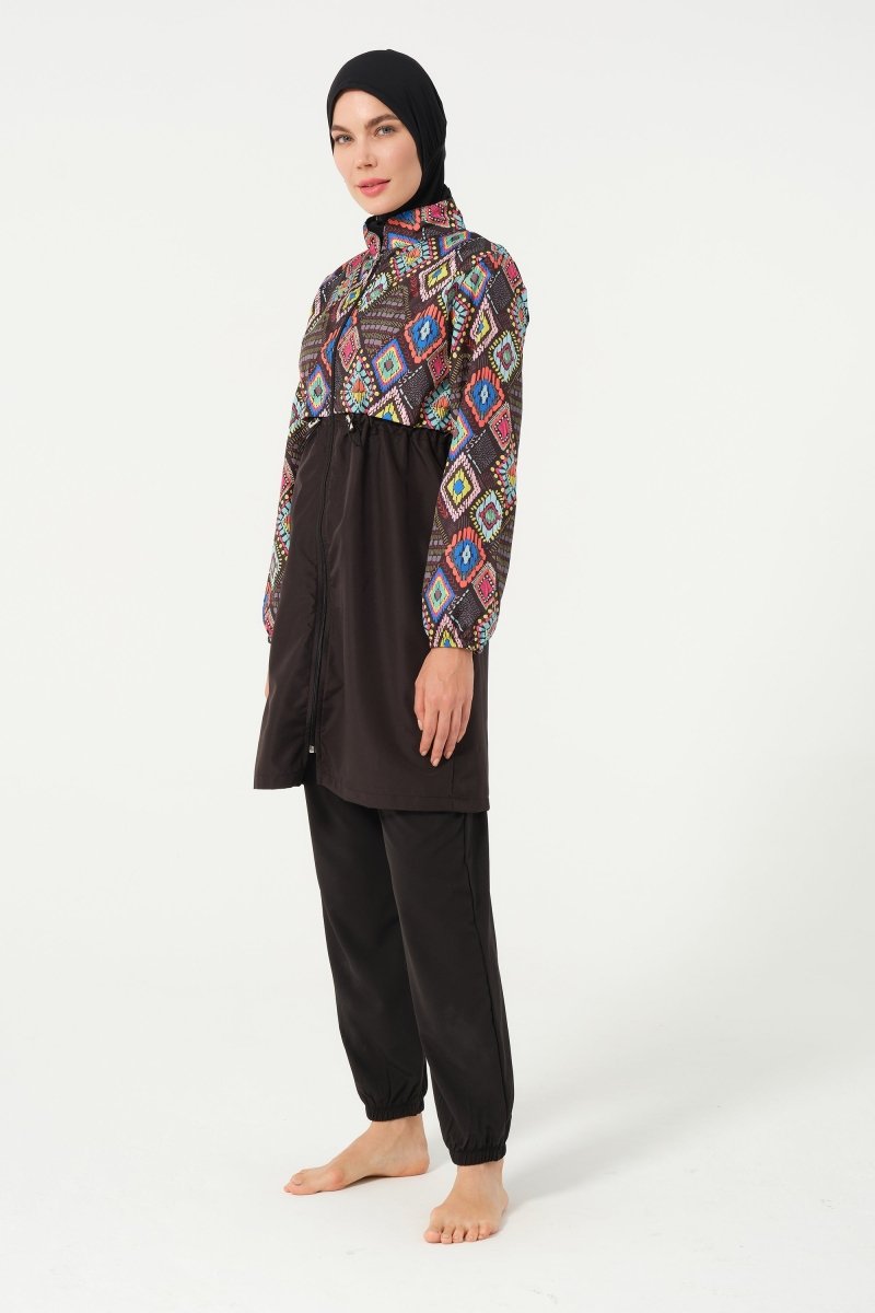 Tesmay Women's Patterned Full Coverage Hijab Swimsuit 22155 - 25 Black - ihvan