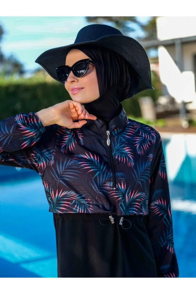 Tesmay Women's Patterned Lycra Full Coverage Hijab Swimsuit 21103 - 25 Black - ihvan