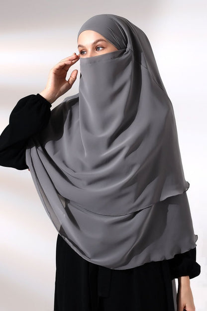 Three - Layered Niqab - Style Chiffon Hijab – Short Modest Scarf with Sufle Detail - ihvan