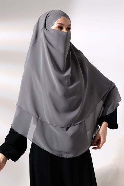 Three - Layered Niqab - Style Chiffon Hijab – Short Modest Scarf with Sufle Detail - ihvan