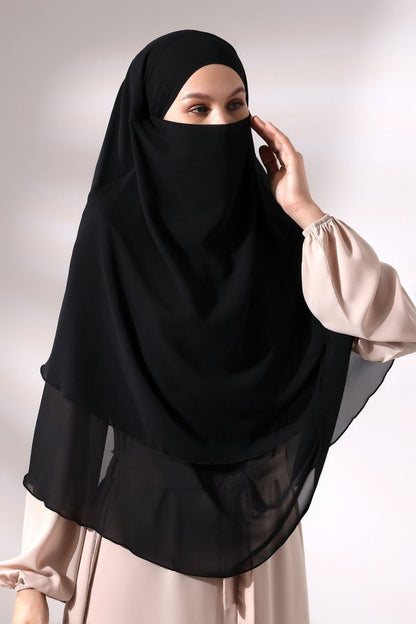 Three - Layered Niqab - Style Chiffon Hijab – Short Modest Scarf with Sufle Detail - ihvan