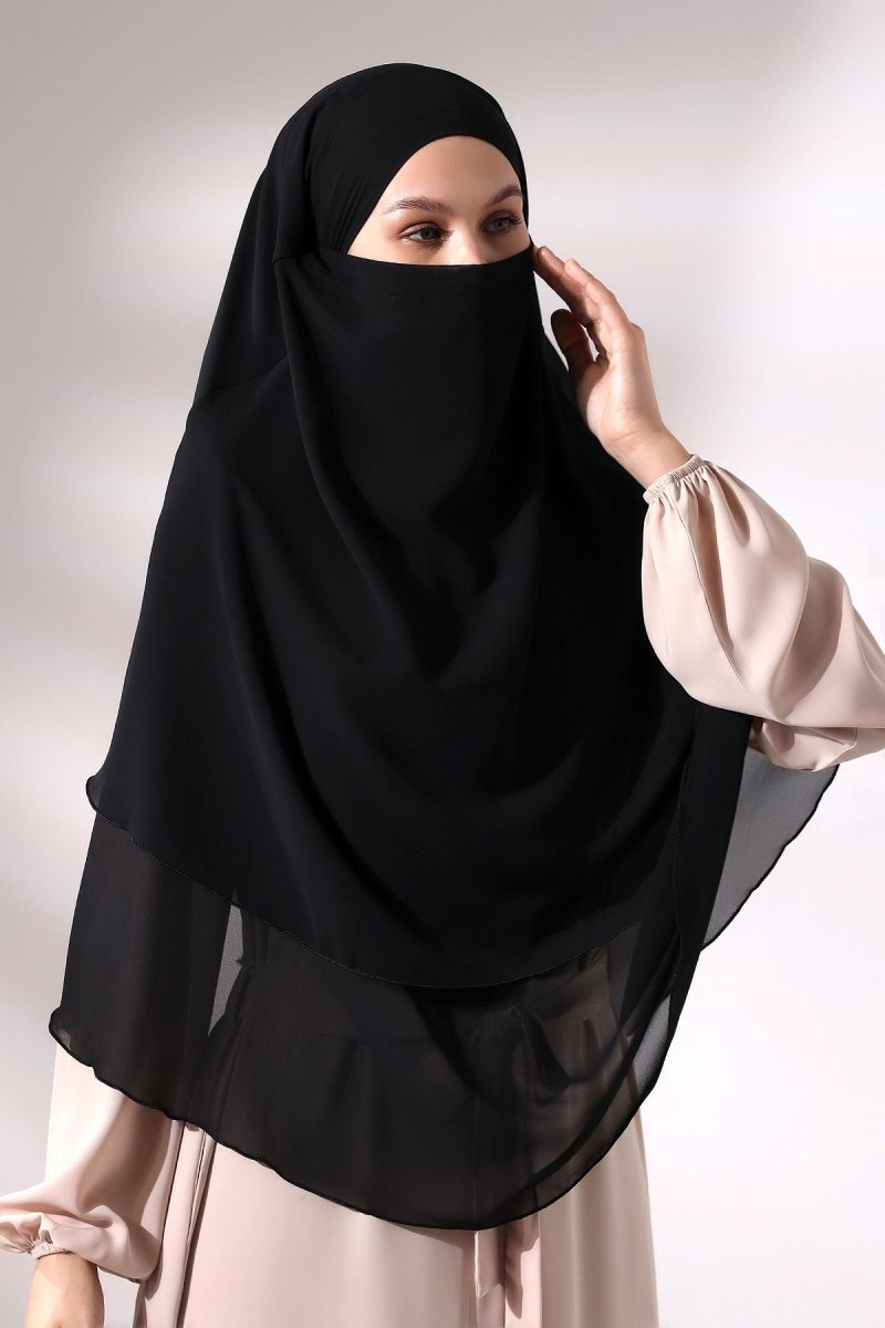 Three - Layered Niqab - Style Chiffon Hijab – Short Modest Scarf with Sufle Detail - ihvan