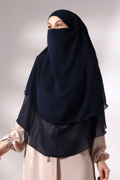 Three - Layered Niqab - Style Chiffon Hijab – Short Modest Scarf with Sufle Detail - ihvan