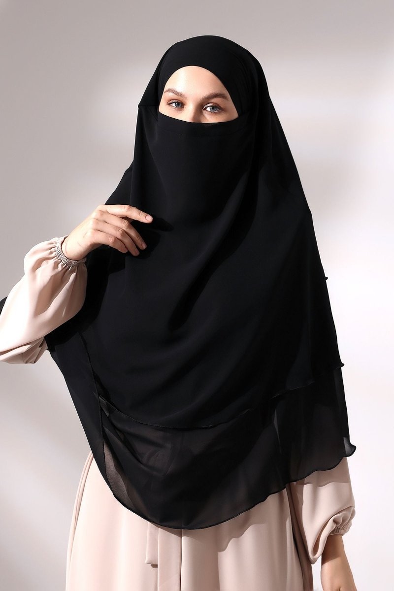Three - Layered Niqab - Style Chiffon Hijab – Short Modest Scarf with Sufle Detail - ihvan