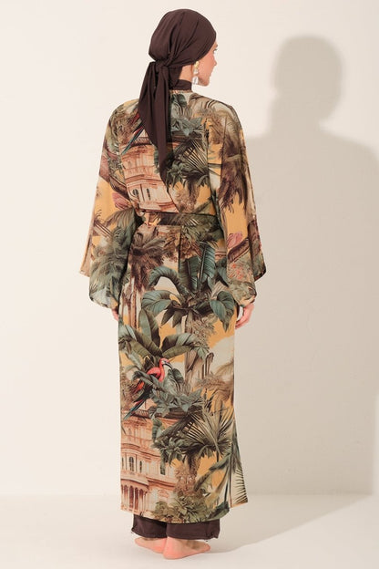 Tropical Patterned Belted Long Pareo 7168 - 26 Brown - ihvan