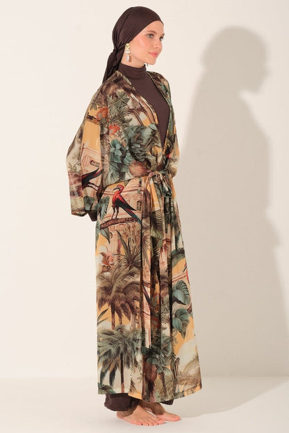 Tropical Patterned Belted Long Pareo 7168 - 26 Brown - ihvan