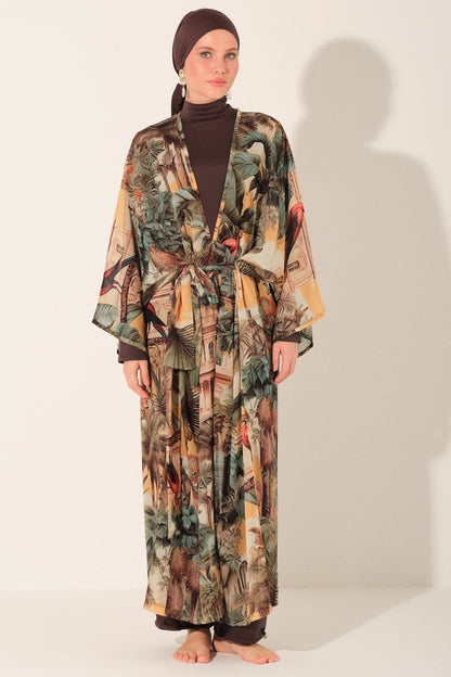 Tropical Patterned Belted Long Pareo 7168 - 26 Brown - ihvan